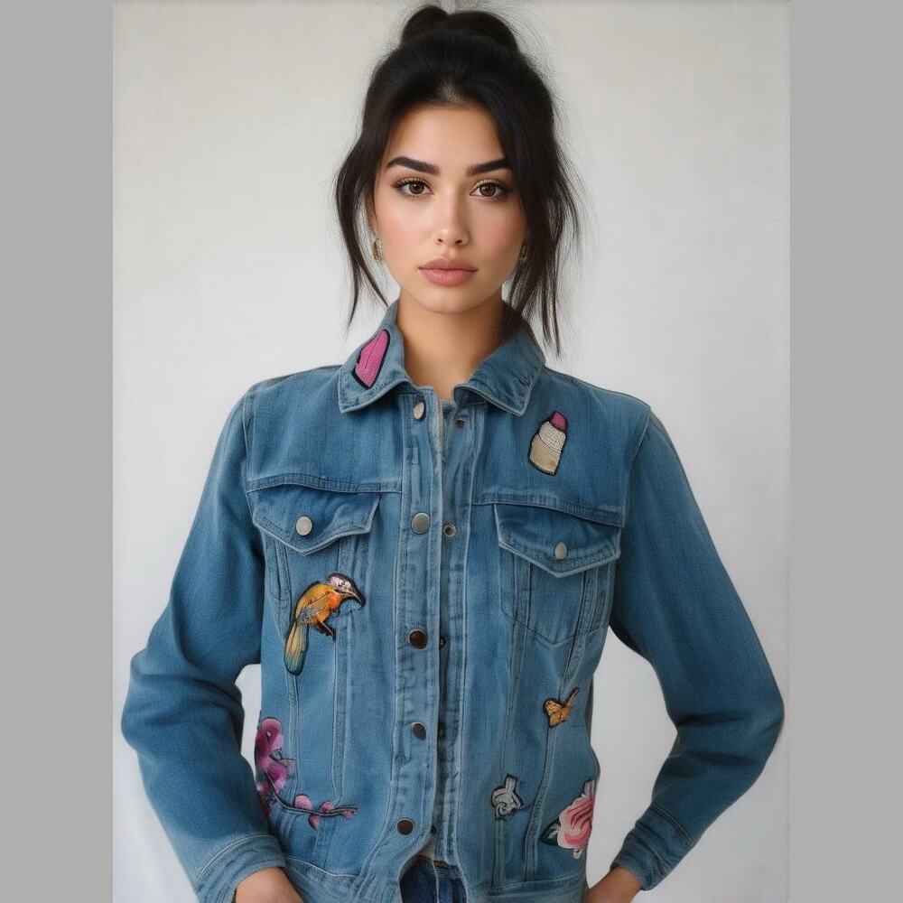 NY Collection Blue Denim Embroidered Sequin Classic Jean Jacket Women Sz S